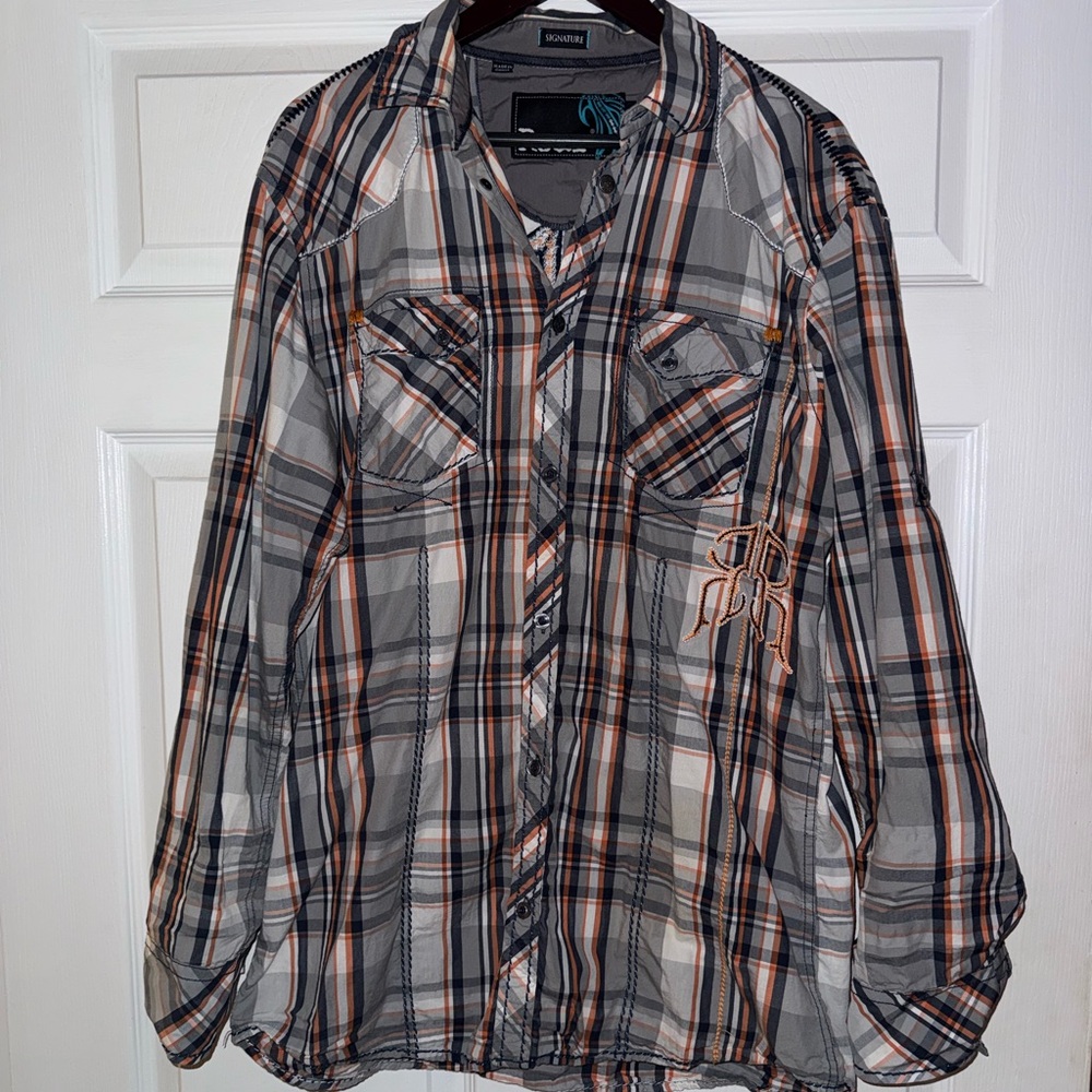 Roar Gray and Orange Plaid Button-Down Shirt